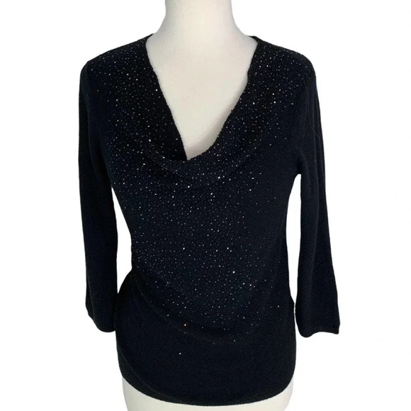 Eileen Fisher Wool Beaded Drape Cowl Neck Sweater Top Black Size XS - Picture 4 of 12